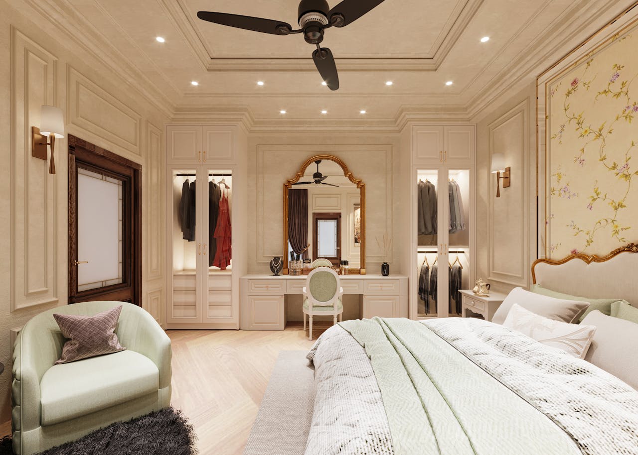 gallery-4 Luxurious bedroom with elegant decor, featuring a king-sized bed, modern furnishings, and soft lighting.