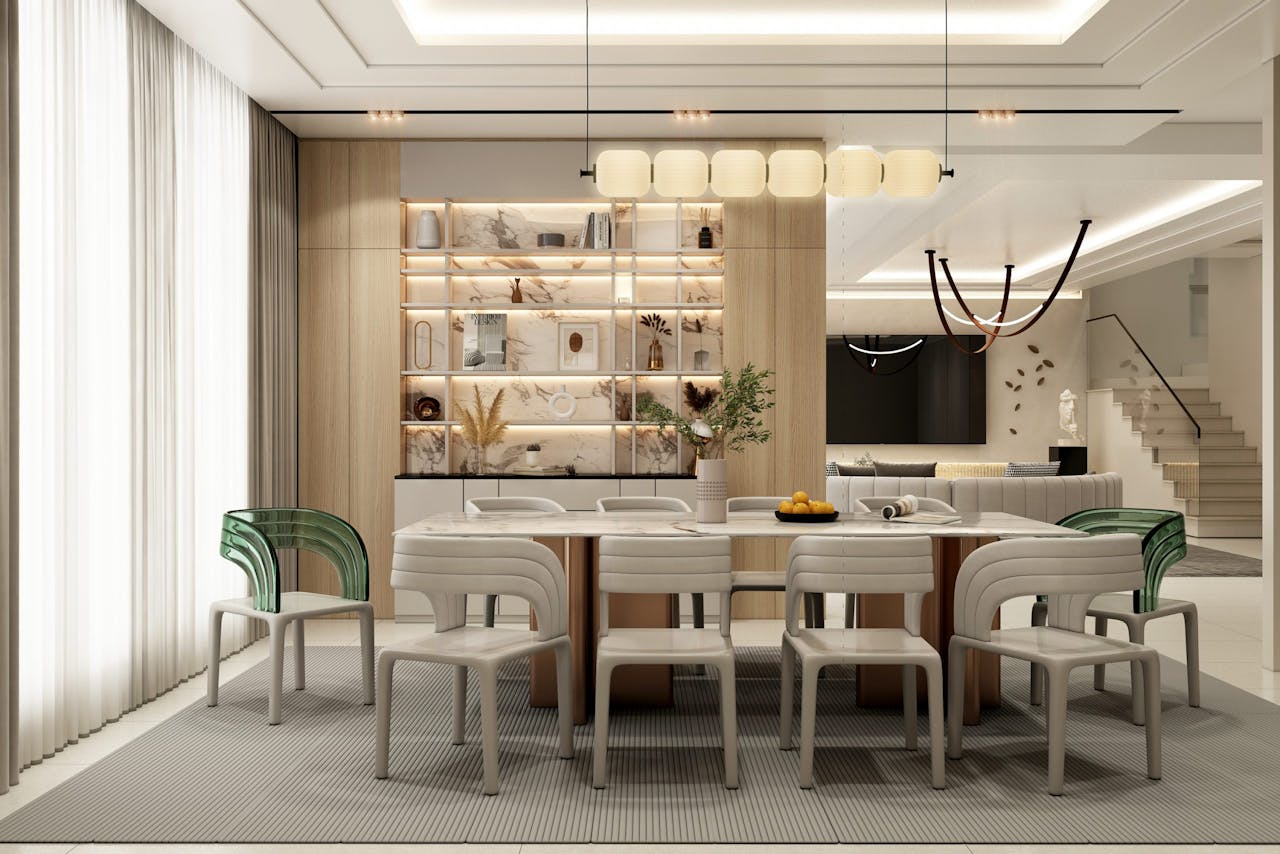 gallery-5 Sophisticated modern dining area featuring chic furniture and ambient lighting.