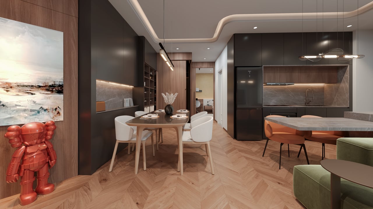 Sophisticated apartment interior featuring a cozy dining area, stylish furniture, and modern decor.