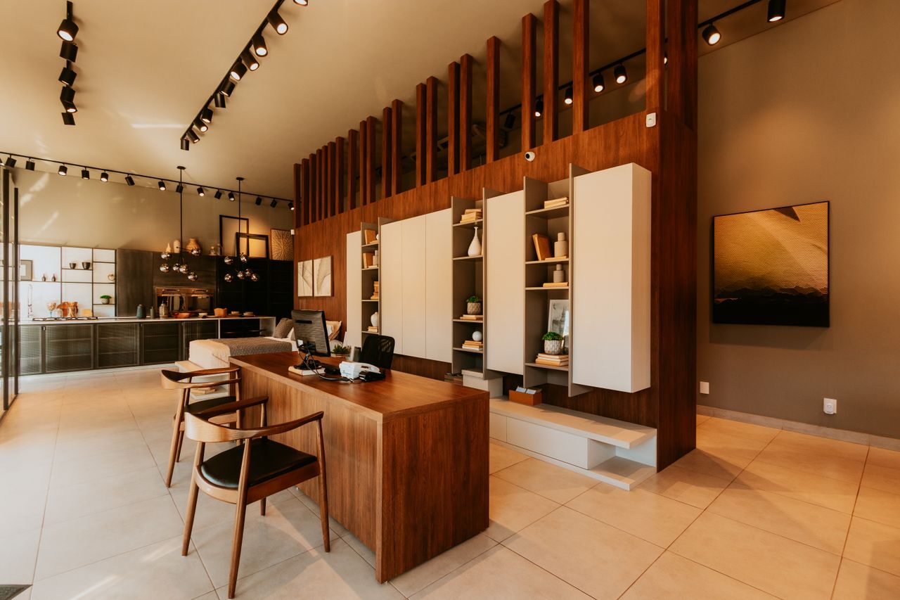 why-choose-us Sleek office space with modern decor in Pato Branco, ParanĂ¡, featuring wooden accents and natural lighting.