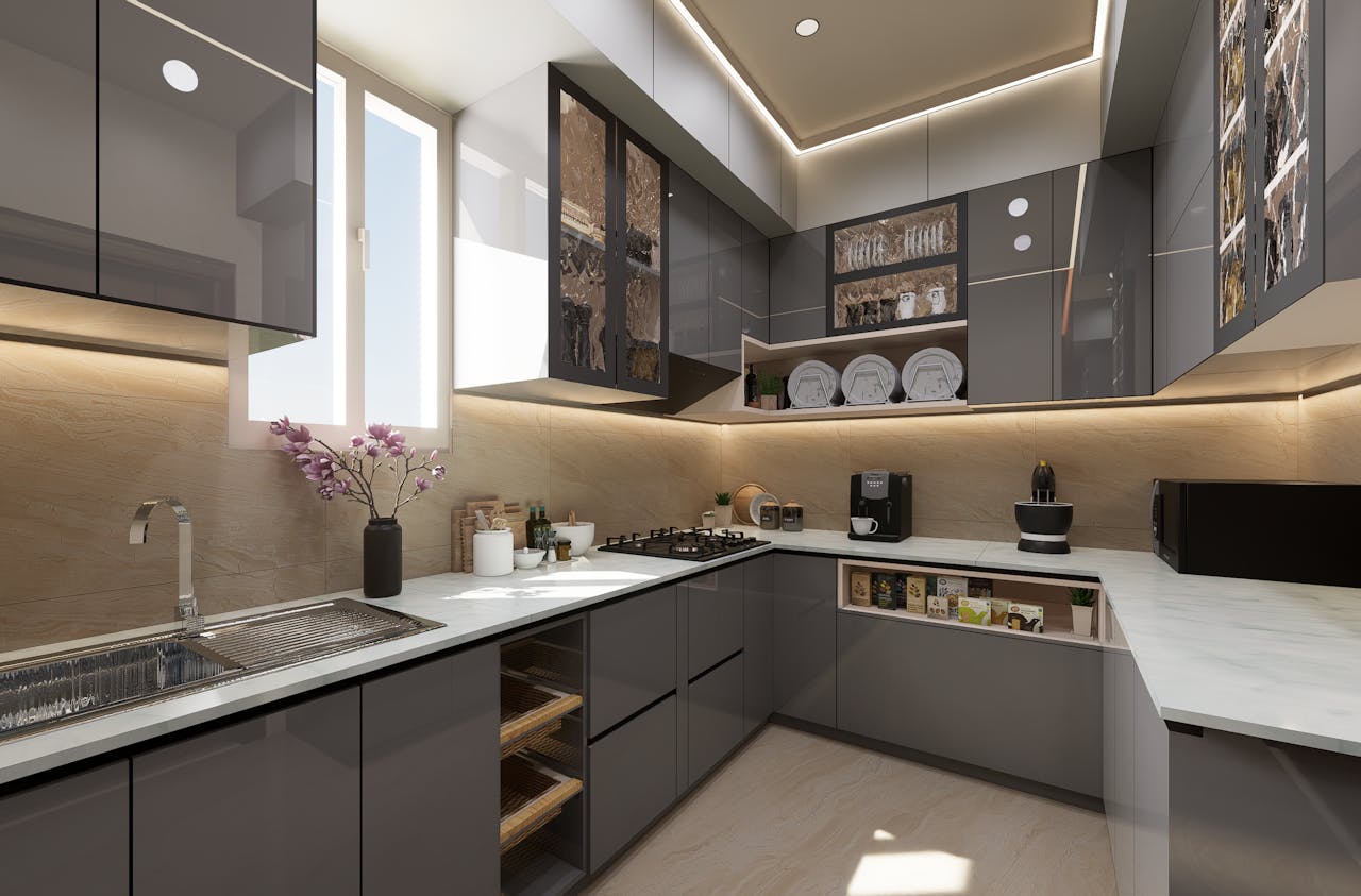 gallery-6 Sleek and modern kitchen with grey cabinets, natural light, and minimalist decor.