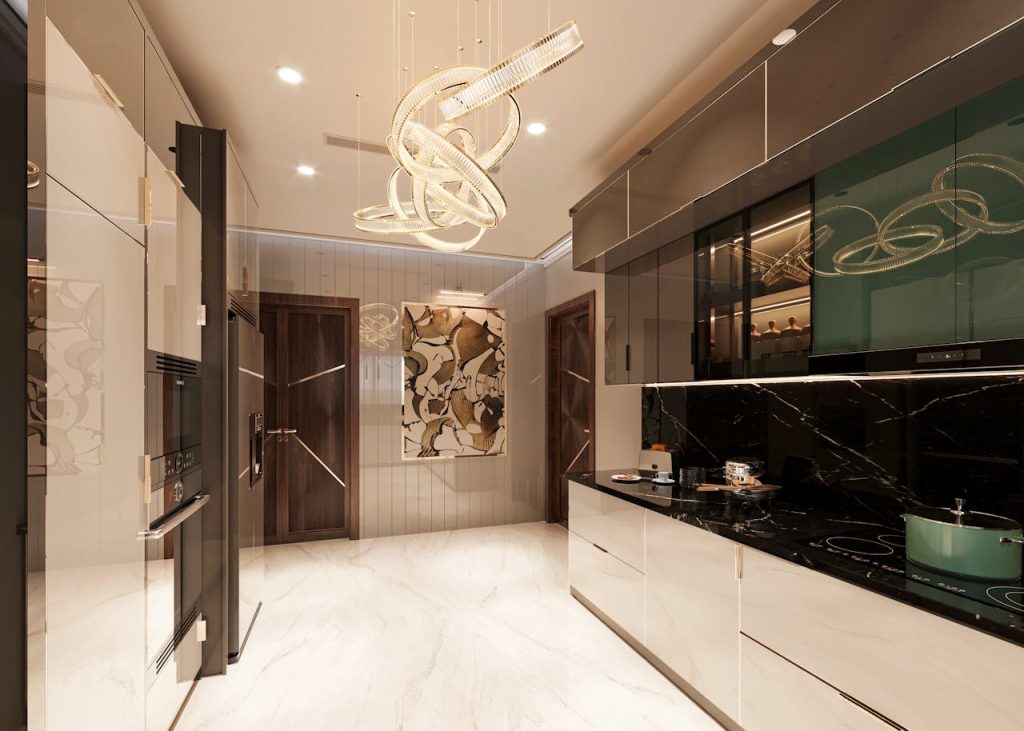 Spacious contemporary kitchen design featuring sleek cabinets and a unique decorative chandelier.