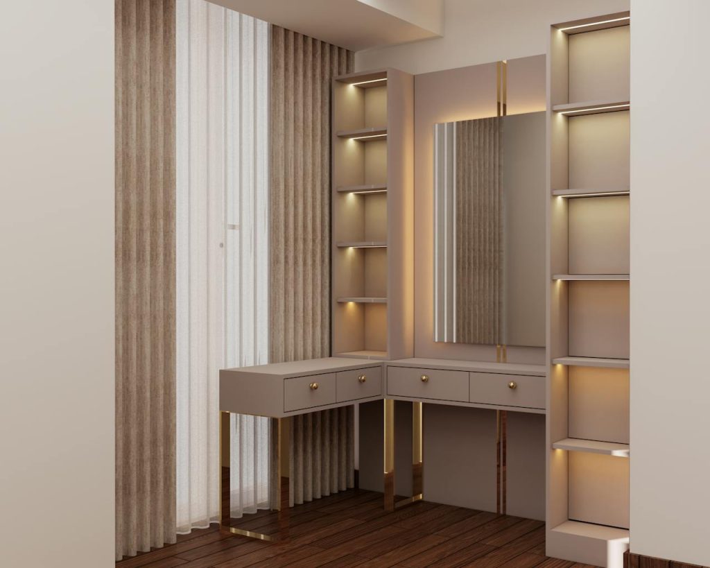 Luxurious beige dressing table with mirror and lighting in Dubai interior.